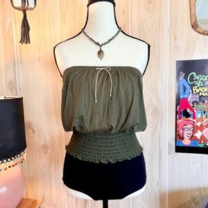 Vintage Women's Medium Green and Tan Bow Front Ruched Waist Tube Top 2000s